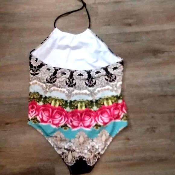 Floral and Geo Pattern Multi Color One Piece High Back Halter Top Size Large - Picture 4 of 6